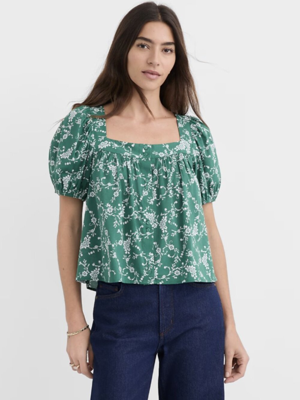 LOFT Bouquet Puff Sleeve Square Neck Blouse L - Picture 2 of 7
